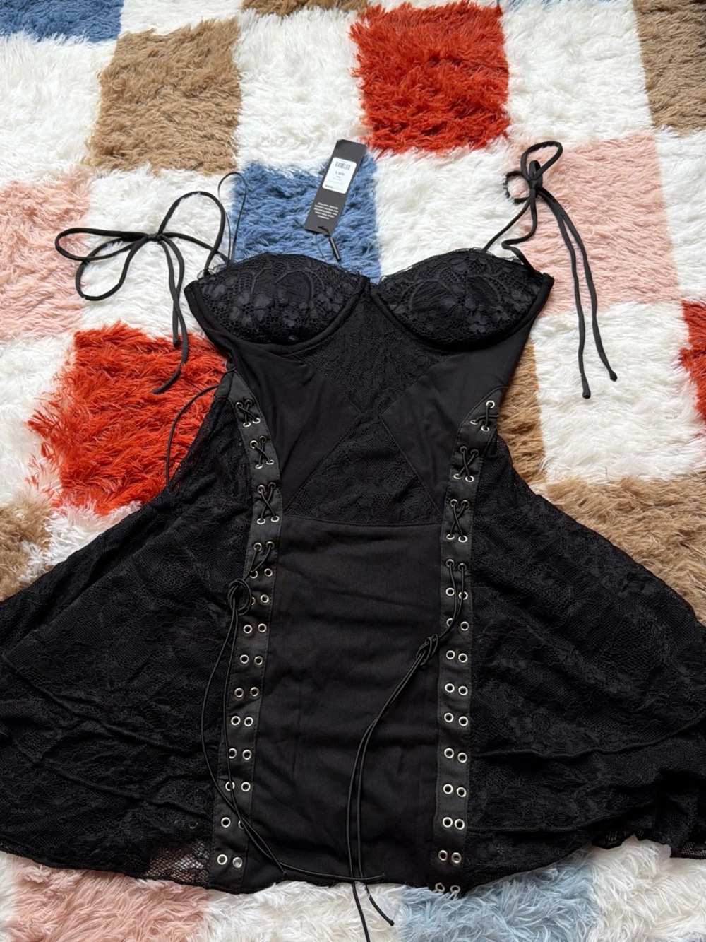 Black Lace Corset-Style Tie-Strap Dress